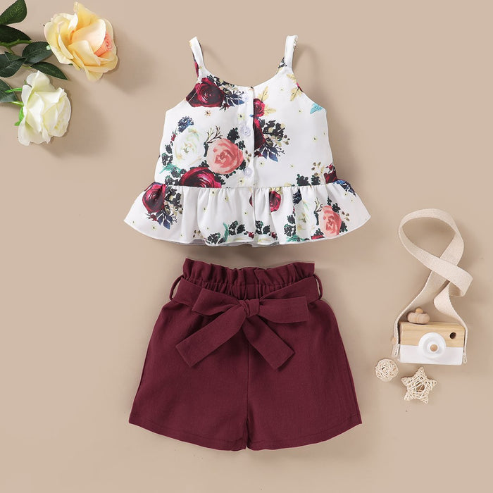 Solid Suspenders Top with Floral Pants Set