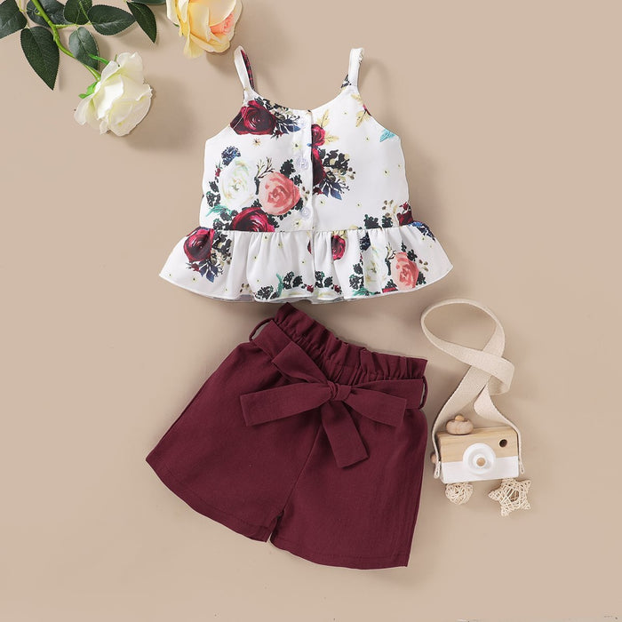 Solid Suspenders Top with Floral Pants Set