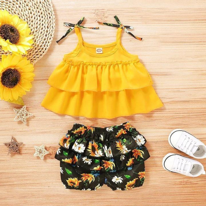 Strappy Ruffle Top with Flower Printed Shorts Baby Set