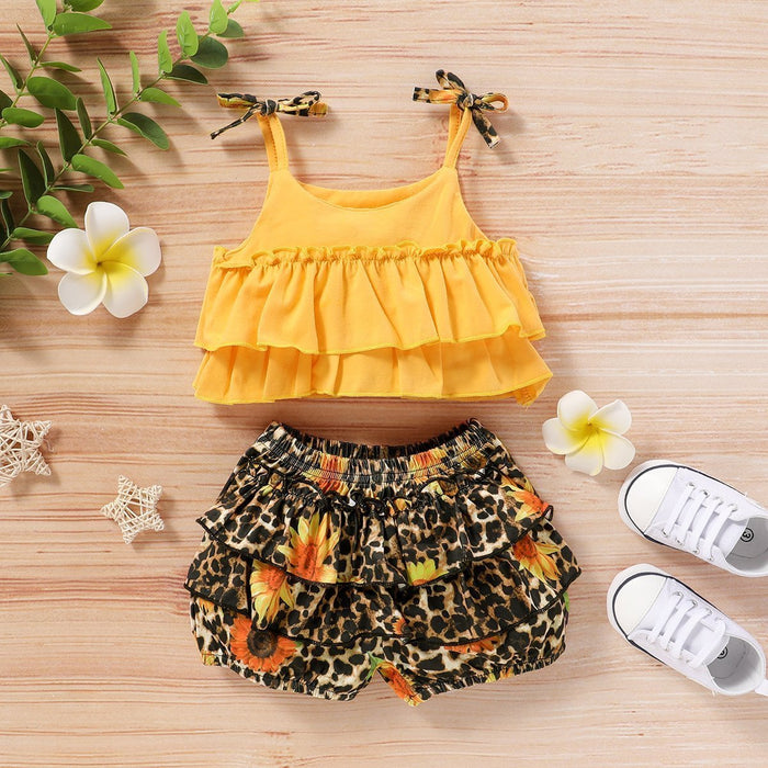 Ruffle Decor Sling Top with Leopard Shorts Baby Set
