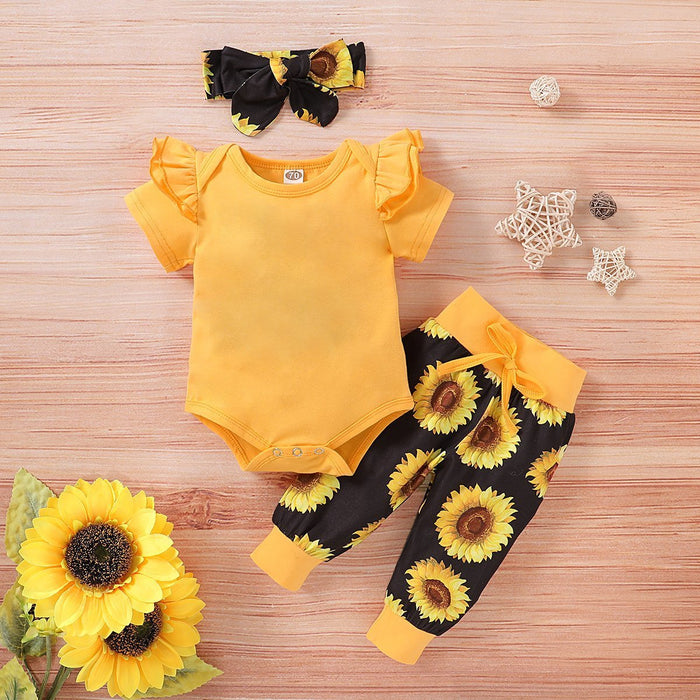 3PCS Short Sleeve Solid Bodysuit with Sunflower Printed Set