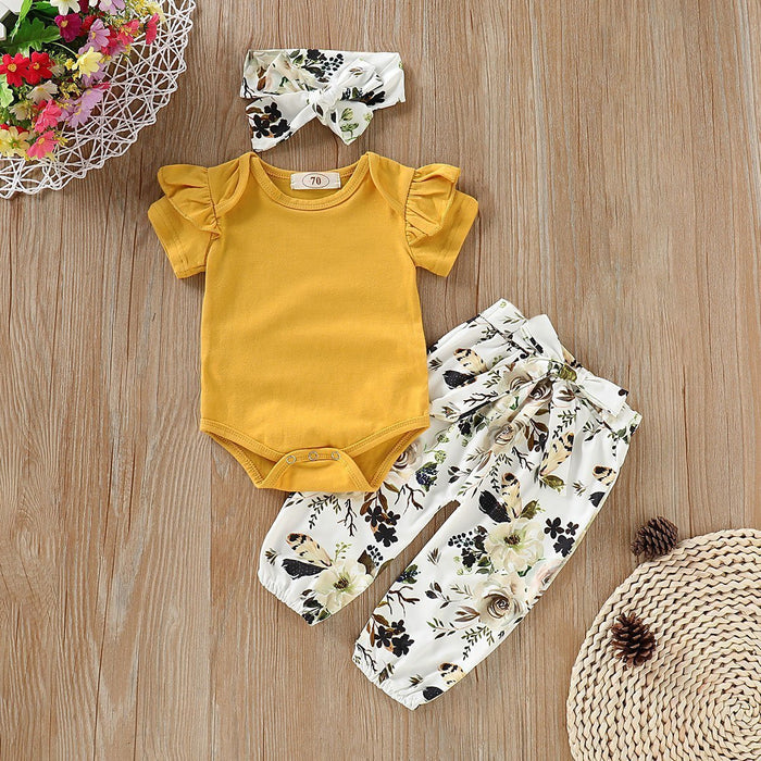 Ruffle Romper and Floral Pant & Headband