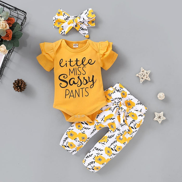 "Little Miss Sassy Pants" White Sunflower Letter Printed Baby Set