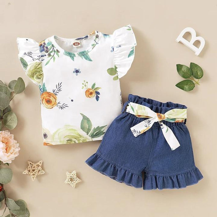 Floral Butterfly SleeveTop with Solid Short Pants Set