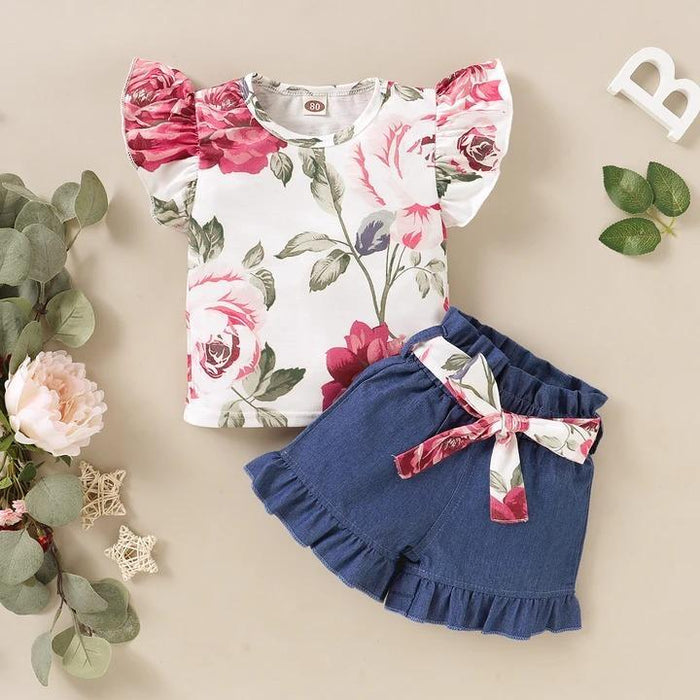 Floral Butterfly SleeveTop with Solid Short Pants Set