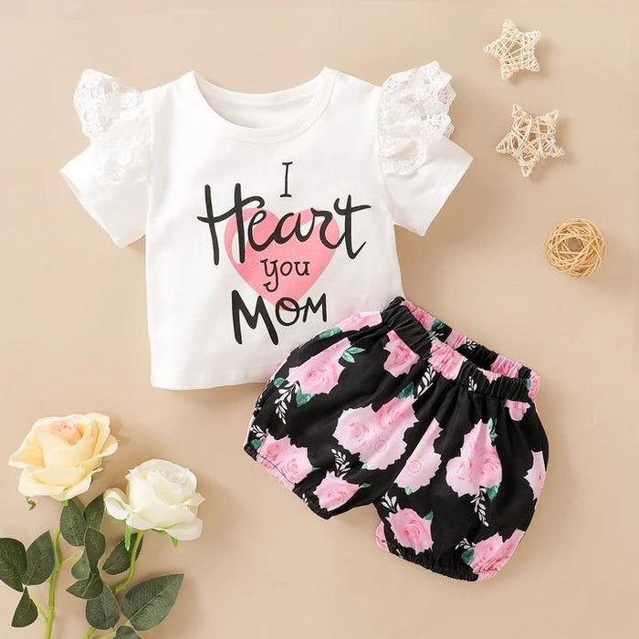 2PCS Short Sleeve Floral & Letter Printed Baby Set