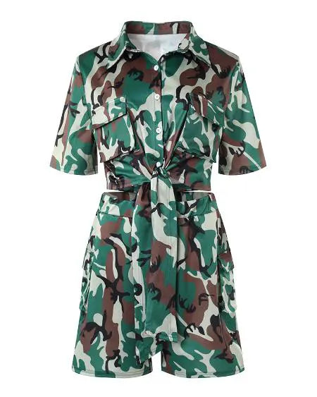 Camouflage Top & Shorts Set with Pocket Detail
