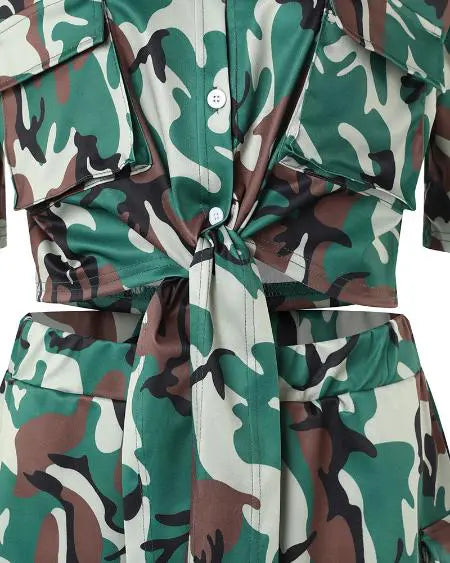 Camouflage Top & Shorts Set with Pocket Detail