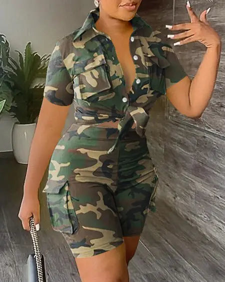 Camouflage Top & Shorts Set with Pocket Detail