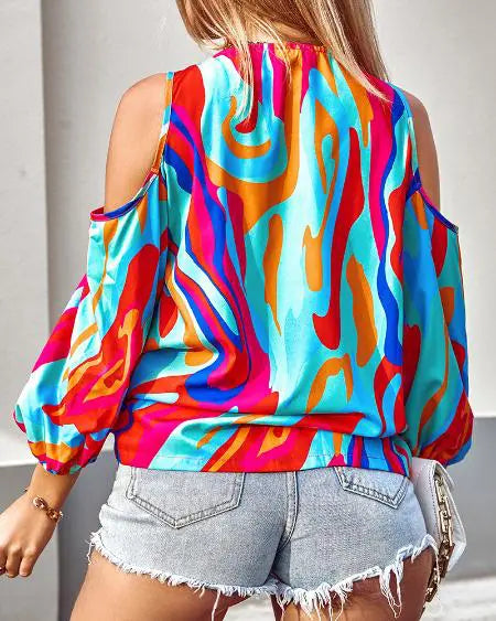 Zip Front Top with Abstract Print & Cold Shoulder