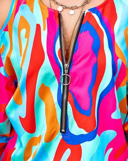 Zip Front Top with Abstract Print & Cold Shoulder
