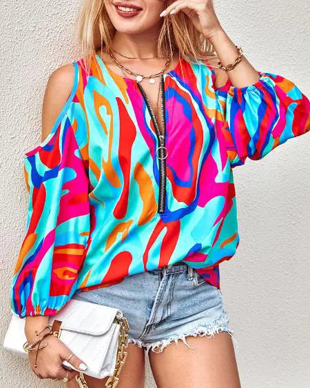 Zip Front Top with Abstract Print & Cold Shoulder