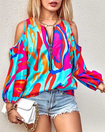 Zip Front Top with Abstract Print & Cold Shoulder