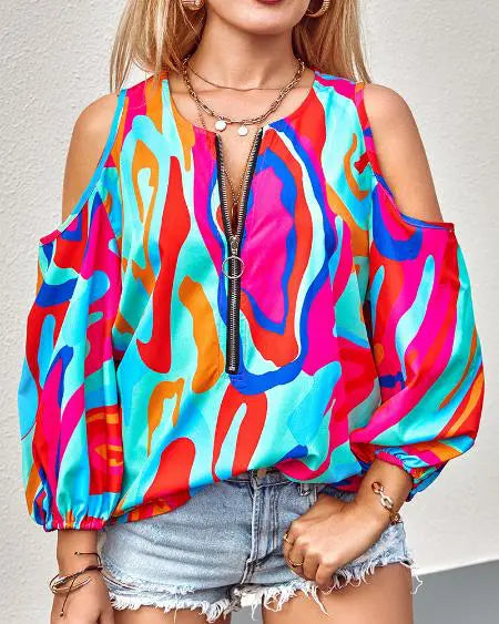 Zip Front Top with Abstract Print & Cold Shoulder