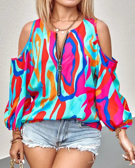 Zip Front Top with Abstract Print & Cold Shoulder