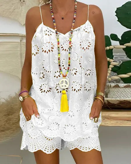 Tassel Top & Shorts Set with Eyelet Embroidery