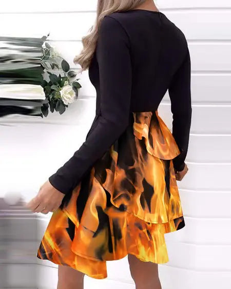 Ruffled Dress with Flame Print and Long Sleeves
