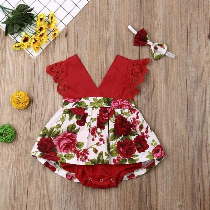 2-piece Ruffle Floral Printed Bodysuit & Headwear for Baby