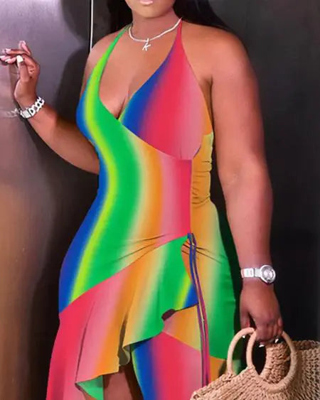 Asymmetrical Dress with Rainbow Ombre & Ruffle Hem