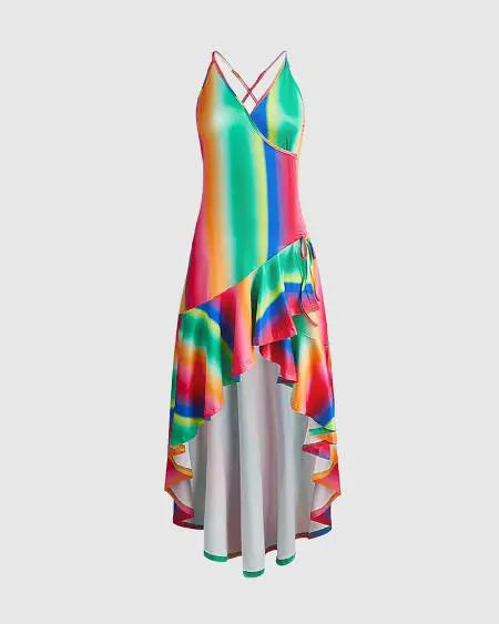 Asymmetrical Dress with Rainbow Ombre & Ruffle Hem