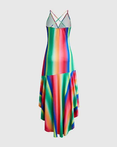 Asymmetrical Dress with Rainbow Ombre & Ruffle Hem