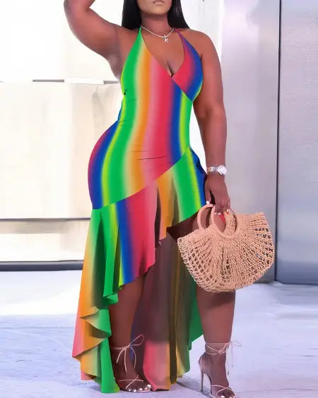 Asymmetrical Dress with Rainbow Ombre & Ruffle Hem