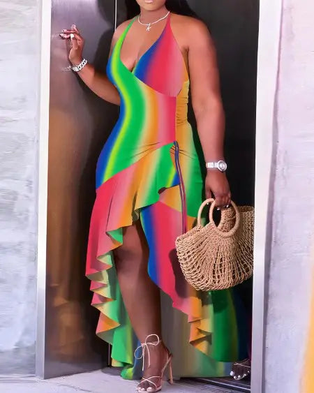 Asymmetrical Dress with Rainbow Ombre & Ruffle Hem