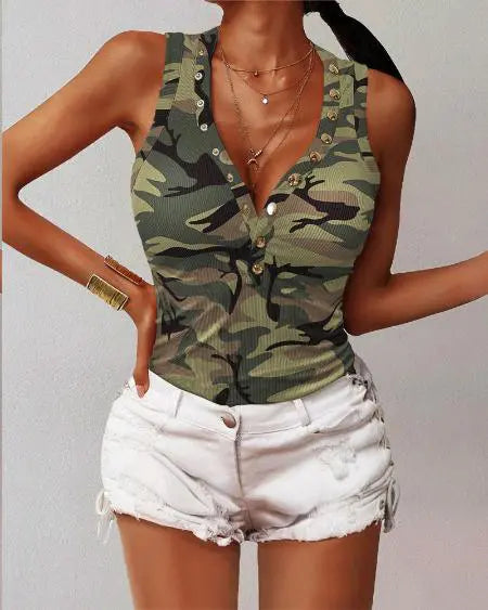 Camo Print Tank Top with V-Neck and Snap Buttons