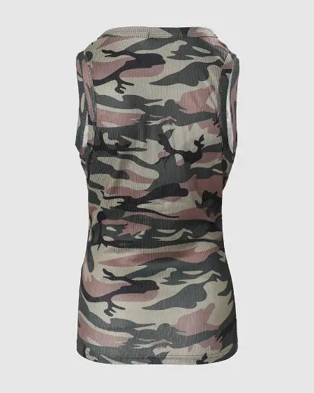 Camo Print Tank Top with V-Neck and Snap Buttons