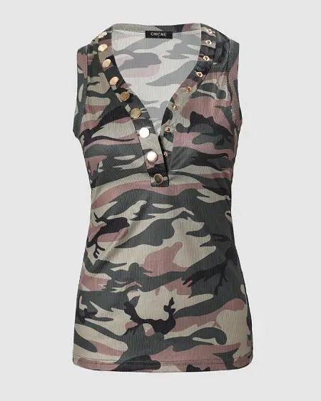 Camo Print Tank Top with V-Neck and Snap Buttons