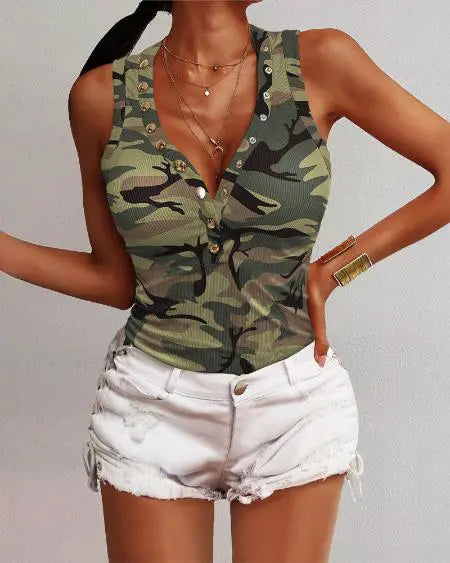 Camo Print Tank Top with V-Neck and Snap Buttons