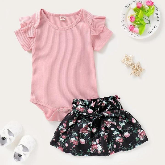 Ruffle Shoulder Bodysuit with Floral Printed Skirt Baby Set
