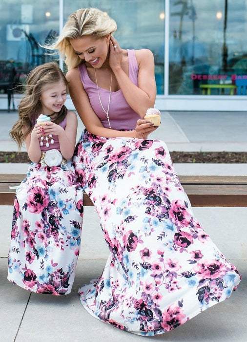 Mommy and Me Solid Stitching Printed Tank Dresses