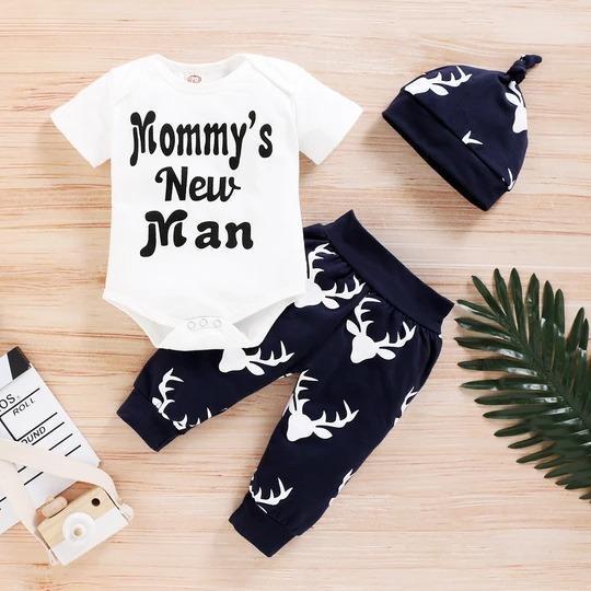 "El nuevo hombre de mamá" con conjunto de bebé con pantalones estampados de ciervos