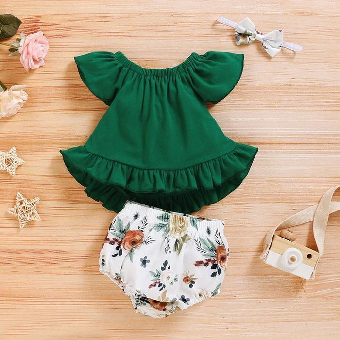 Solid Butterfly Sleeve Top and Floral Shorts Set