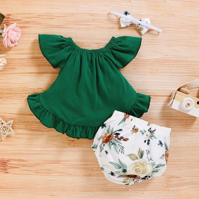 Solid Butterfly Sleeve Top and Floral Shorts Set