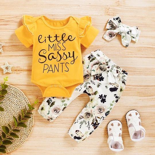 "Little miss sassy pants" Yellow Floral Printed Baby Set