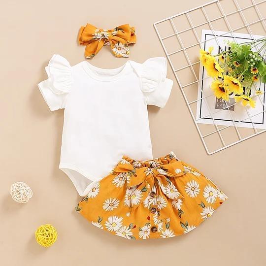 3PCS Solid Romper with Floral Printed Baby Skirt Set
