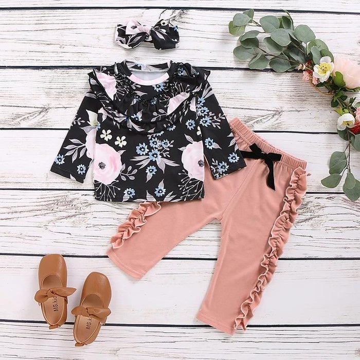 3PCS Floral Top and Solid Color Pants Baby Sets
