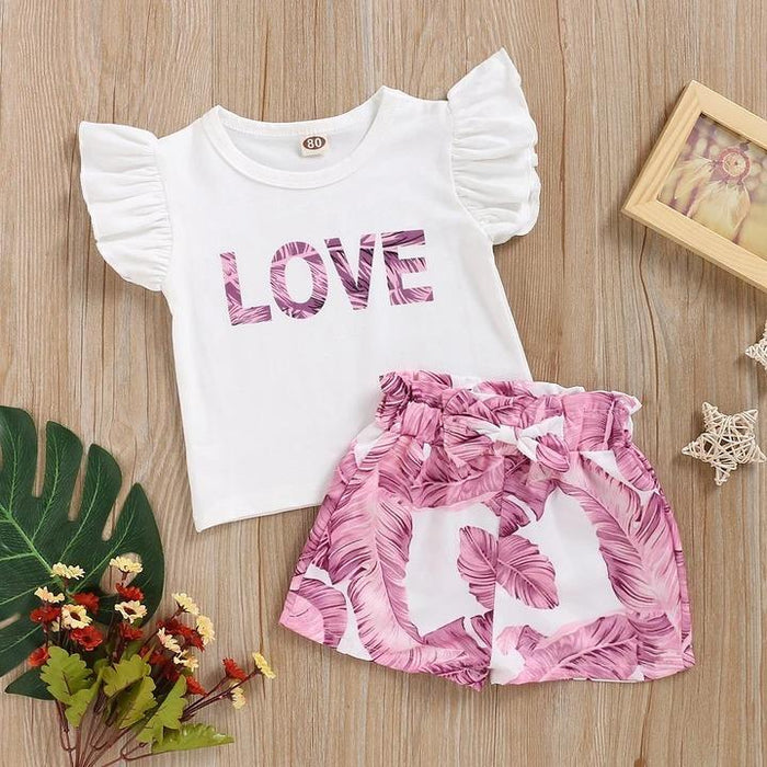 "LOVE" Ruffle Shoulder Top And Leaf Printed Baby Set
