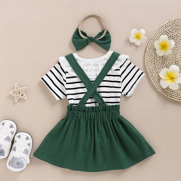 Stripe Printed Top with Solid Color Skirt Baby Set