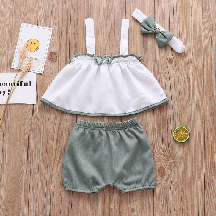 Baby Girl Sweet Solid Top and Shorts with Headband