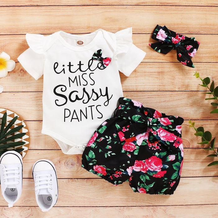 "Little miss sassy pants" Solid Bodysuit with Floral Shorts Set
