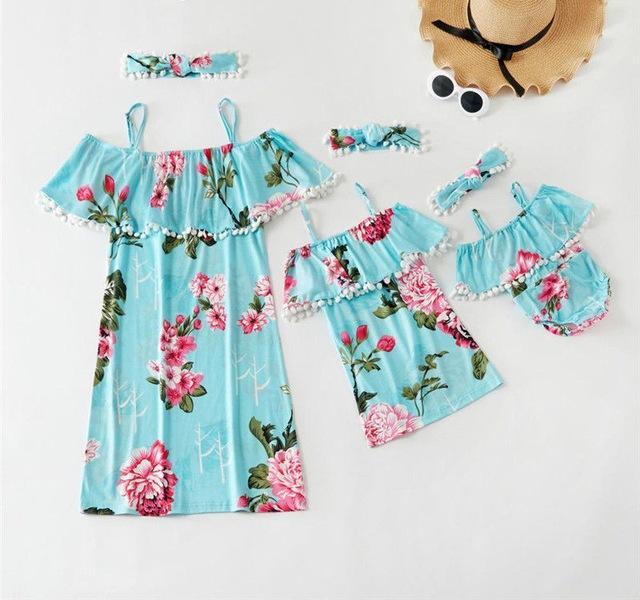 One-shoulder Ruffled Printed Matching Dresses