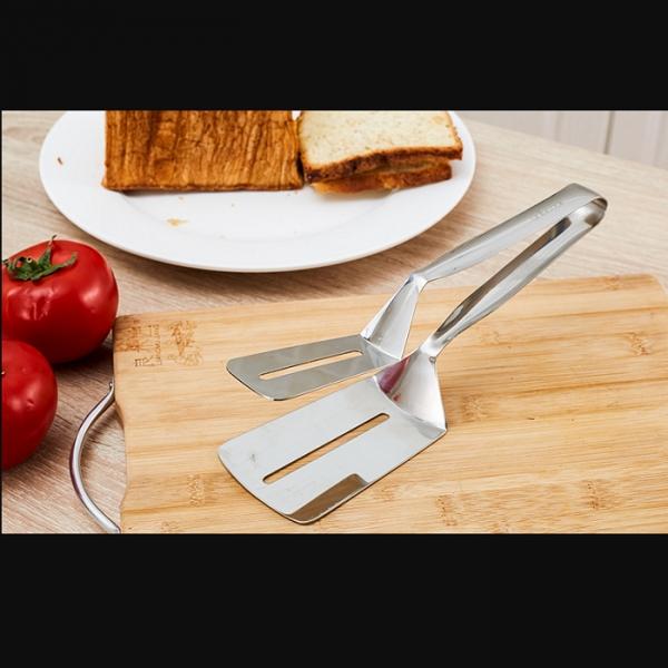 Multi-function Food-grade Stainless Steel BBQ Tongs Barbecue Bread Beef Steak Turner with Clamp Clip Silver