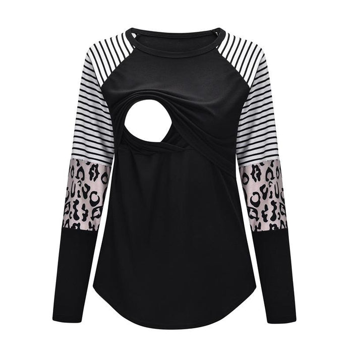 Casual Leopard Print Long-sleeve Nursing Tee