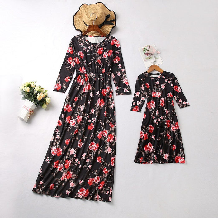 Flower Printed Matching Dress for Mommy and Me