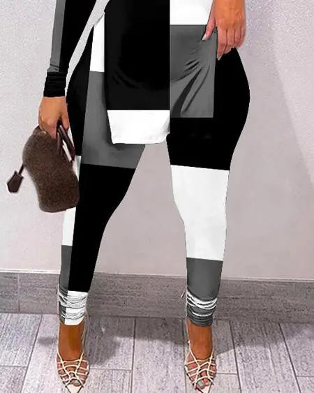 Cold Shoulder Top & Pants Set with Geo Print & Split Hem