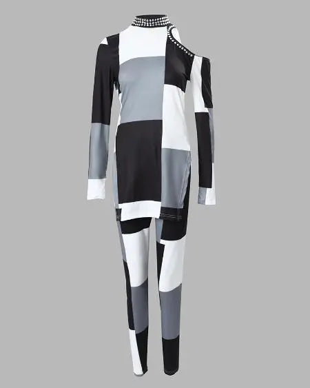 Cold Shoulder Top & Pants Set with Geo Print & Split Hem