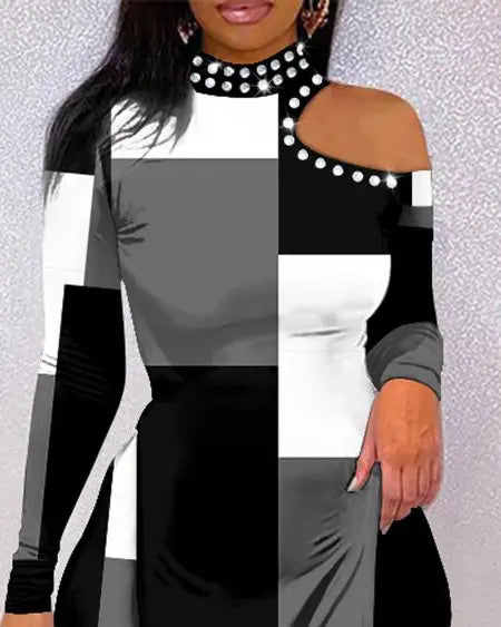 Cold Shoulder Top & Pants Set with Geo Print & Split Hem